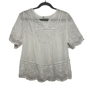 Fever White Eyelet Lace V-Neck Short‎ Sleeve Embroidered Boho Blouse Top Large